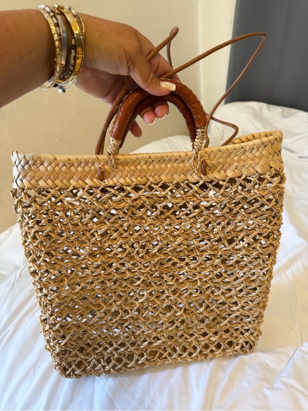 Woven Straw Tote with Brown Leather-Wrapped Handles
